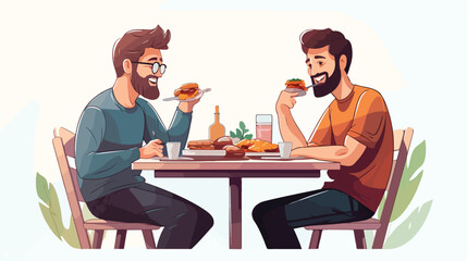 Two hipster guy sitting at table eating meal at foo