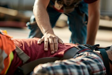 A first responder is depicted performing cardiopulmonary resuscitation (CPR) on an individual lying down, showcasing an emergency medical procedure