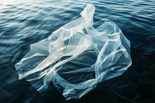 Generative AI Image. Transparent plastic on a sea surface. Plastic pollution concept