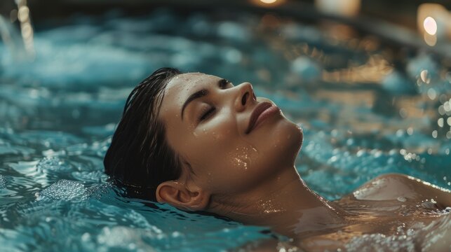 A woman relaxing in the jacuzzi of a spa, eyes closed and relaxed in a hot water bath, feeling good on her relaxation time, wellbeing, health and bodycare concept 4