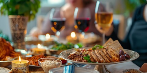 A sophisticated dinner setting with individuals raising glasses in a toast among various dishes