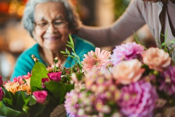 Close-up of elderly woman's hands receiving a floral bouquet
