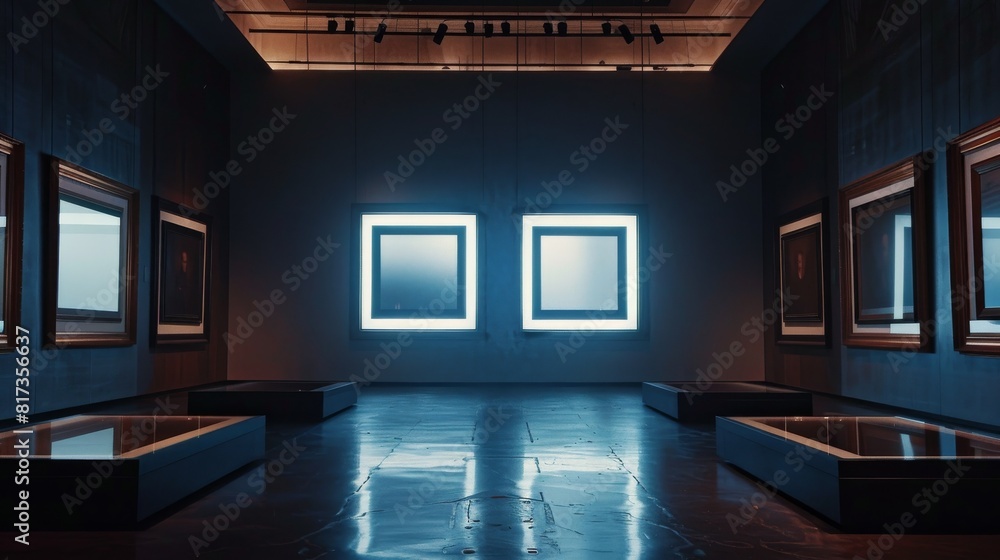 Poster an empty art gallery with two blue illuminated frames on a dark wall, with shiny reflective flooring