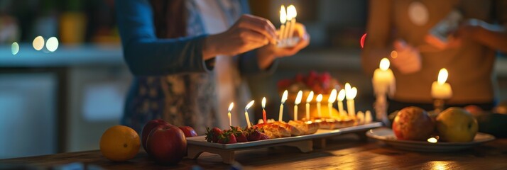 An intimate Hanukkah celebration at home with people lighting menorah candles and traditional food...