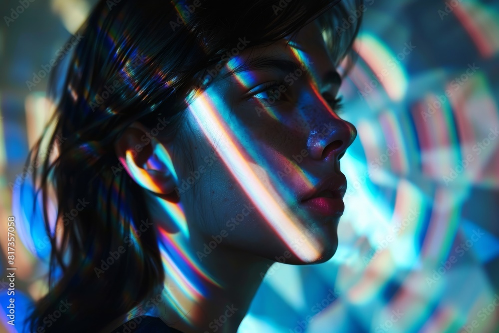 Poster The image features a woman with colorful abstract reflections on her profile creating a surreal effect