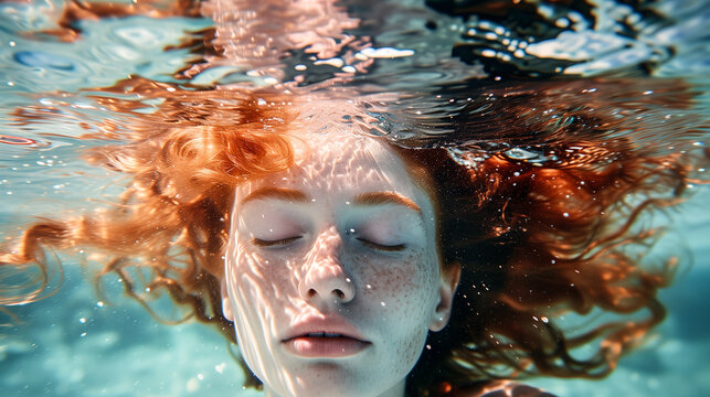 Serene underwater portrait of a young woman with flowing hair. Generative AI image