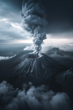 Aerial view of dramatic volcano eruption with dark skies. Generative AI image