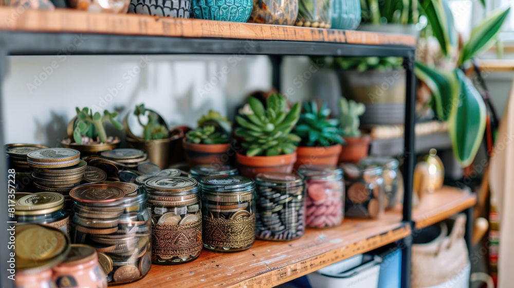 Aufkleber a shelf filled with various jars, pots, and plants neatly arranged in rows, creating a vibrant and o