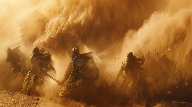 Ancient Babylonian warriors battling during a fierce sandstorm, historical epic meets dramatic weather phenomena