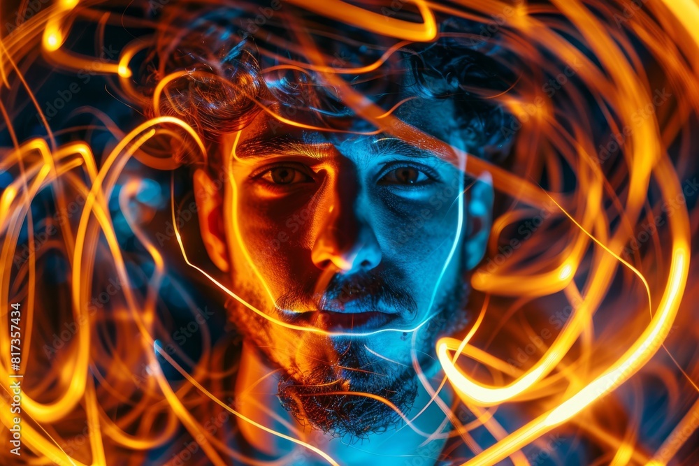 Poster A mesmerizing swirl of golden and blue lights create a hypnotic abstract pattern in a dark background