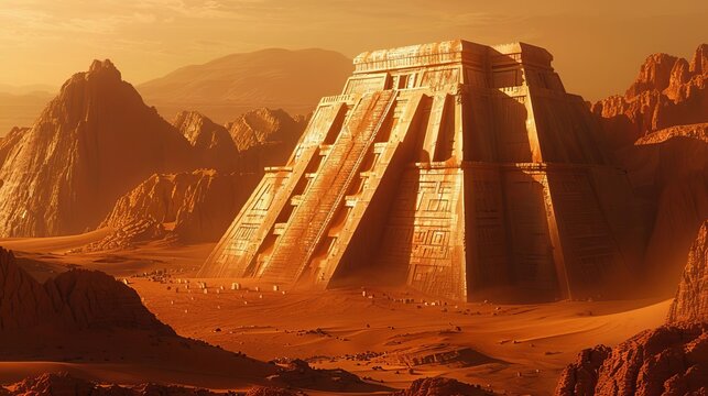 Babylonian Empire reborn on Mars, ancient ziggurats amid red Martian hills, blending history with space exploration