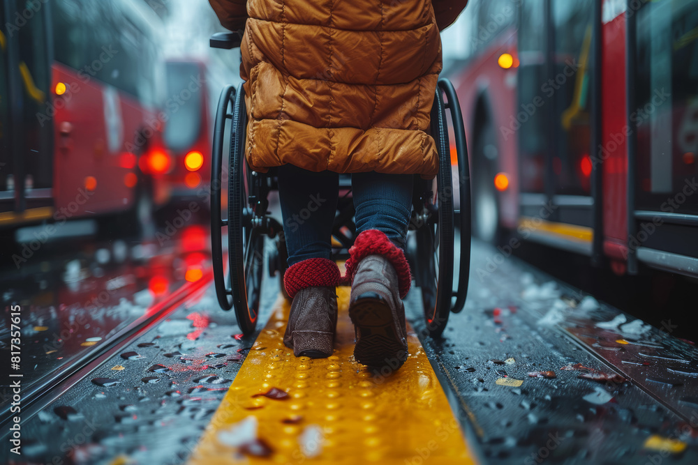 Poster a person using a wheelchair-accessible ramp to board a public bus, highlighting inclusive transporta