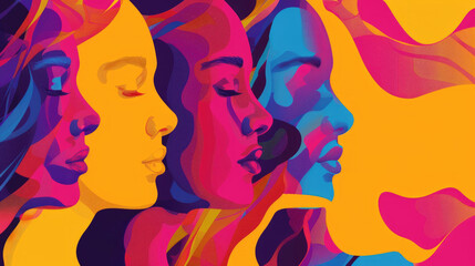 Multiple womens faces in a row, each painted in vibrant colors and unique expressions, create a striking visual display