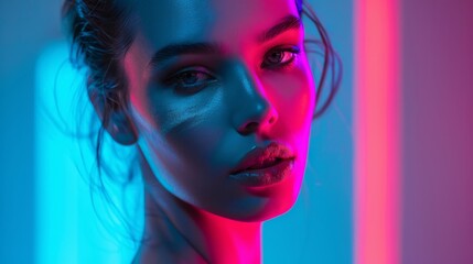Striking portrait of a woman under contrasting neon lights