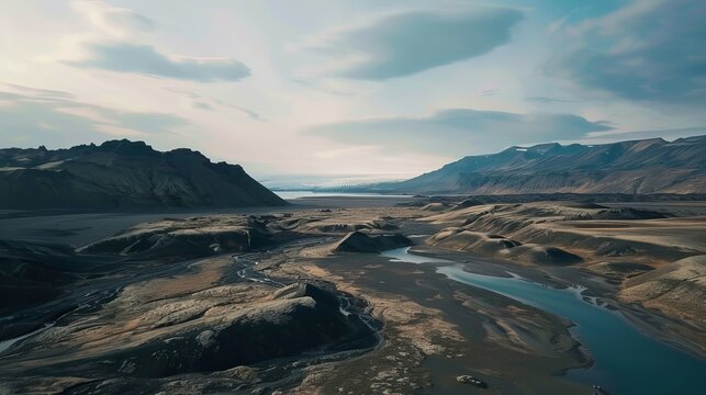 aerial drone view of icelandic fantactic volcanic landscape, close to sunset time 2