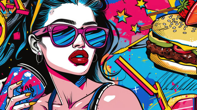 A stylish woman with oversized sunglasses enjoys a drink amidst a colorful, lively pop art background with a burger and stars, symbolizing a dynamic, energetic atmosphere