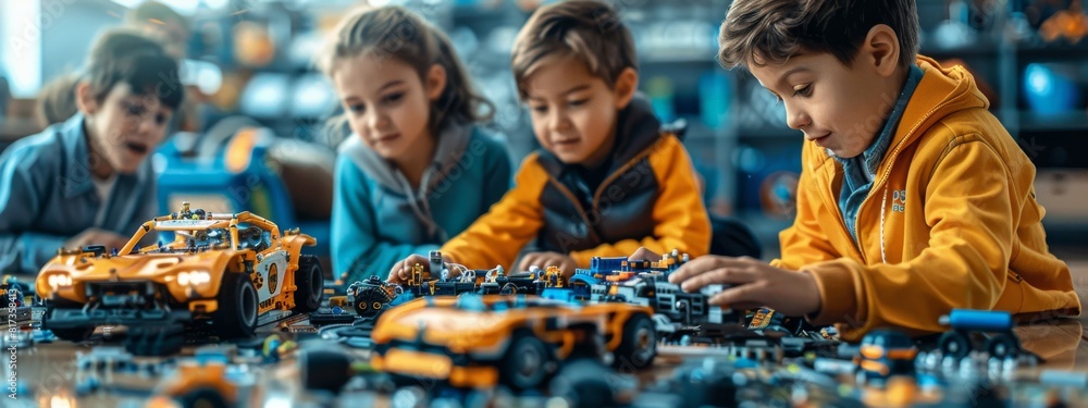 Poster a dynamic stem education scene with students engaged in science experiments, robotics projects, and 