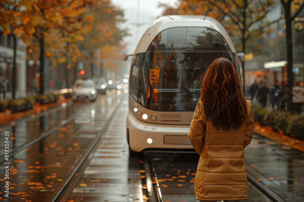Poster a person utilizing a ride-hailing app to request a ride from an autonomous shuttle, experiencing the