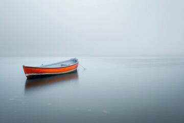 Naklejka premium An orange and white boat gently rests on glassy waters shrouded by fog, offering a sense of calmness and isolation