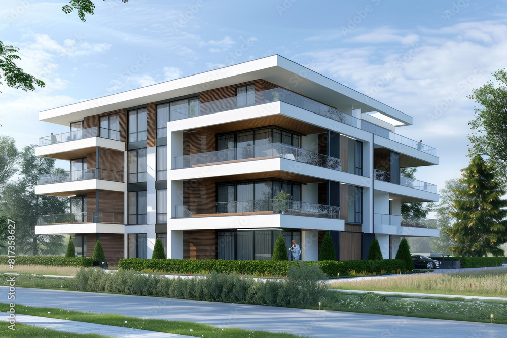 Poster a digital rendering of a sleek and contemporary apartment building showcasing its unique architectur