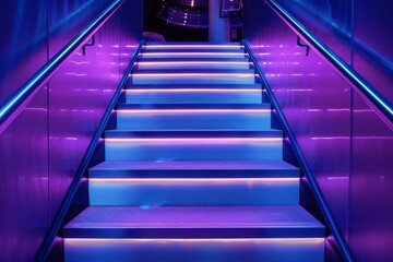 A staircase lit with purple lighting providing a modern, vibrant aesthetic Ideal for contemporary...