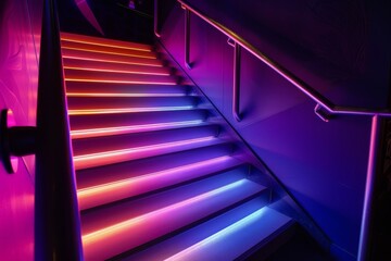 Stairs featuring blue and purple neon lights that enhance the modern and stylish environment