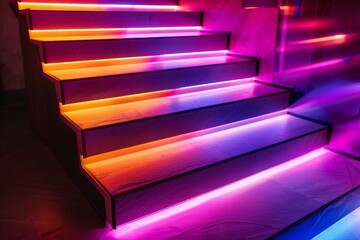 Staircase with a gradient of orange and pink LED lights creating a warm, inviting atmosphere in an...