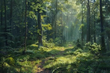 Obraz premium A verdant tropical rainforest scene with sunlight streaming in and fog lingering in the forest.