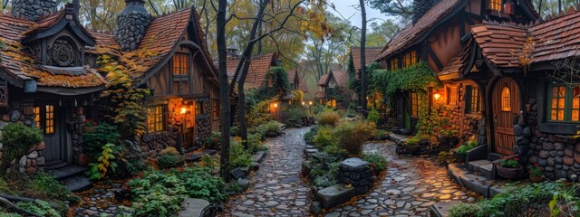 Obraz premium A fairy tale village with charming cottages, cobblestone streets, and enchanting characters.