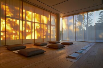 Serene sunset light casts a warm glow over a meditative space with floor cushions