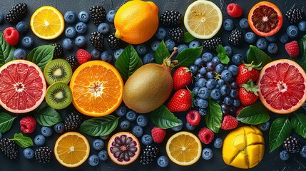 vibrant summer background pattern of colorful tropical fruits