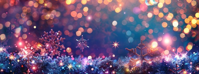 A festive, holiday background with snowflakes and twinkling lights.