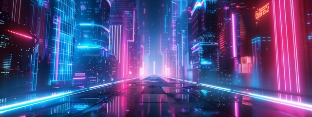 A futuristic, cyberpunk background with neon lights and urban landscapes.