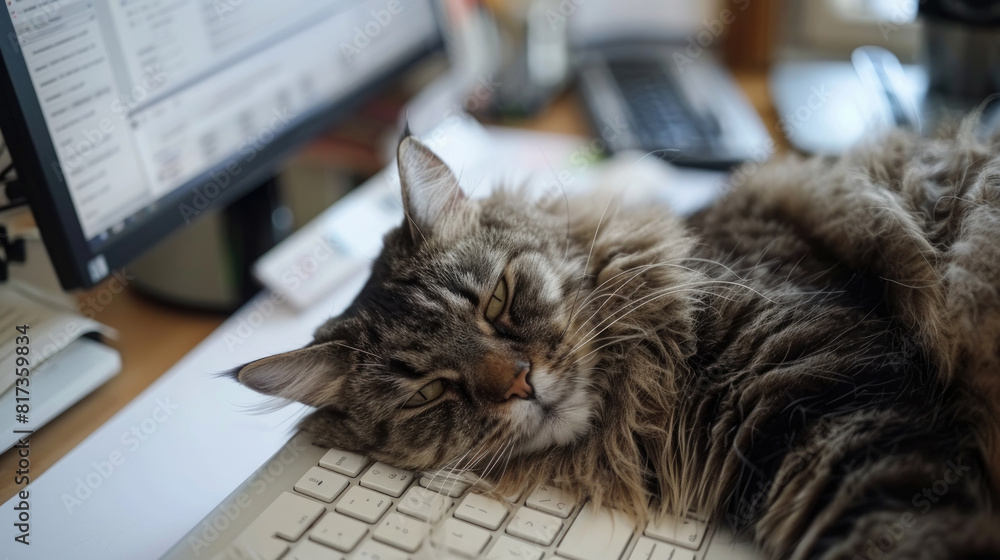 Poster A domestic cat is peacefully napping on a computer keyboard in front of a desktop computer