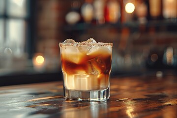 A horizontal image of a white russian cocktail in rocks glass in a bar - Powered by Adobe