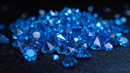 A pile of blue diamonds on a black surface.