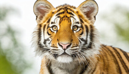 Fototapeta premium Young Bengal tiger portrait on a jungle background.