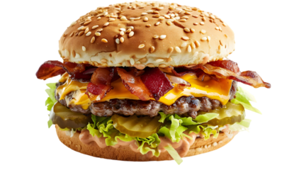  A towering double-patty cheeseburger with two layers of cheddar cheese, bacon, and crispy lettuce, transparent background