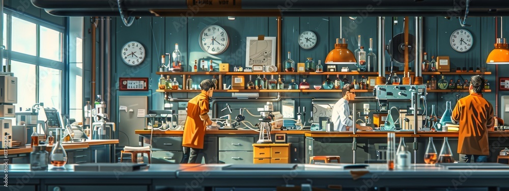 Poster a lab scene with scientists conducting experiments, using advanced equipment and recording their fin