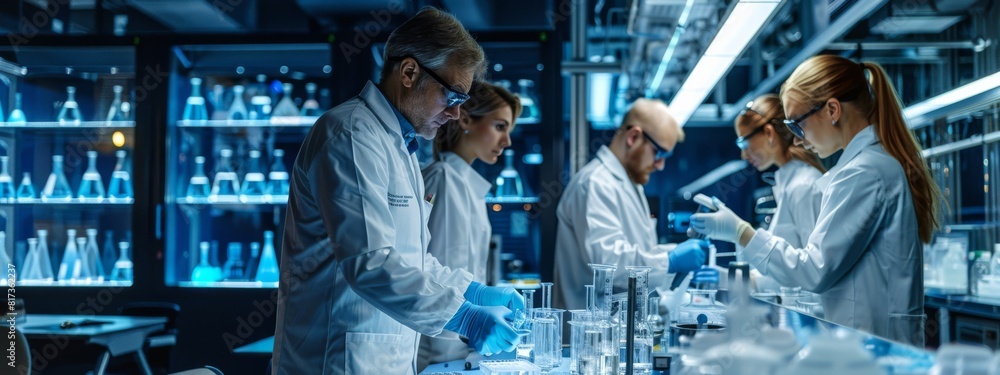 Poster a lab scene with scientists conducting experiments, using advanced equipment and recording their fin