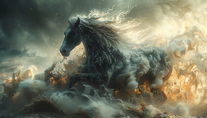 Black horse running through a mystical landscape. Generated by AI.