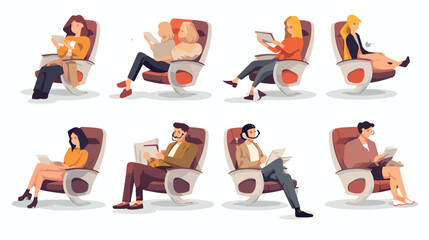 Various passengers man and women in airplane seats