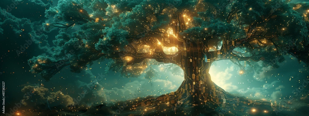Poster a large tree with branches made of digital circuits, symbolizing the fusion of technology and nature