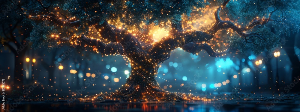 Poster a large tree with branches made of digital circuits, symbolizing the fusion of technology and nature