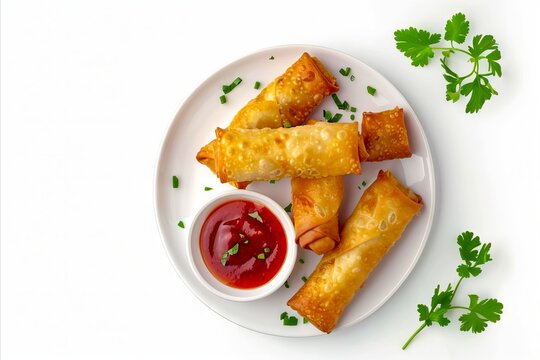 A plate of spring rolls with sauce and parsley.