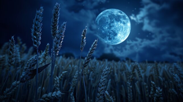 Wheat field under the starry sky with a full moon for nature themed designs