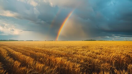 Wheat field with rainbow after a storm for nature and agriculture themed designs