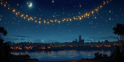 Mystic Night Sky Over Riverside Cityscape Illuminated by String Lights with Crescent Moon in a Serene and Peaceful Evening Scene