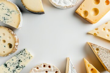 Fototapeta premium cheese concept, white background, flat lay photography, minimalistic with space for text 1