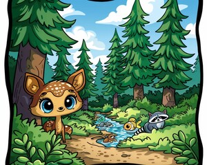 Enchanting Forest Scene with Cute Woodland Creatures: Adorable Cartoon Deer, Bunny, and Squirrel in Nature Illustration
